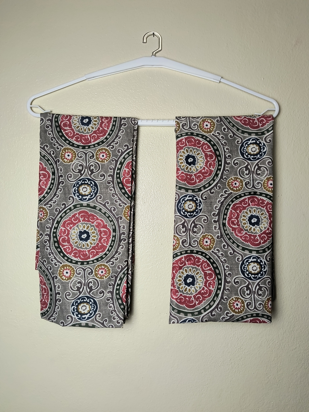 Medallion Print Curtain Panels in Red, Blue & Gray by